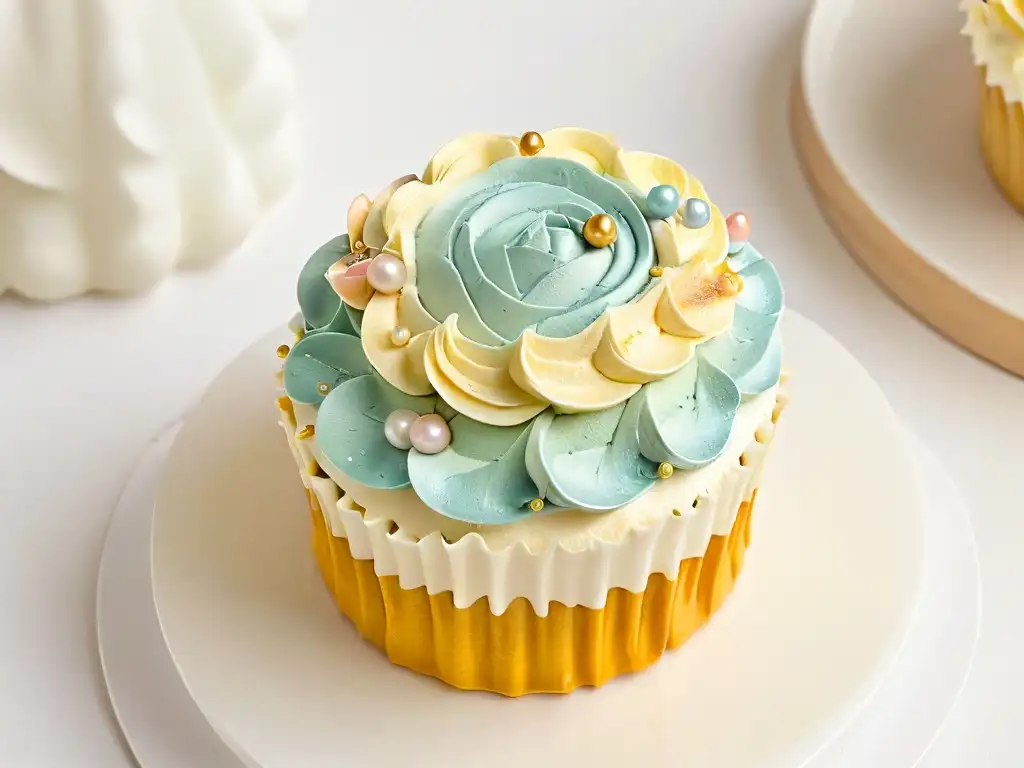 Detalle exquisito de un cupcake decorado profesionalmente con colores pastel, perlas comestibles y polvo dorado, en fondo blanco