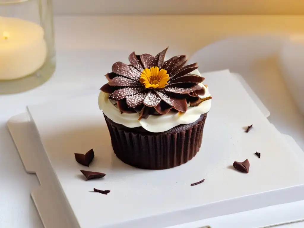 Detalle exquisito de un cupcake decorado con ingredientes de Comercio Justo, resaltando la artesanía y cuidado en la repostería