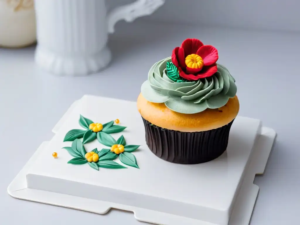 Detalle de exquisito cupcake decorado con flores de azúcar y acentos metálicos