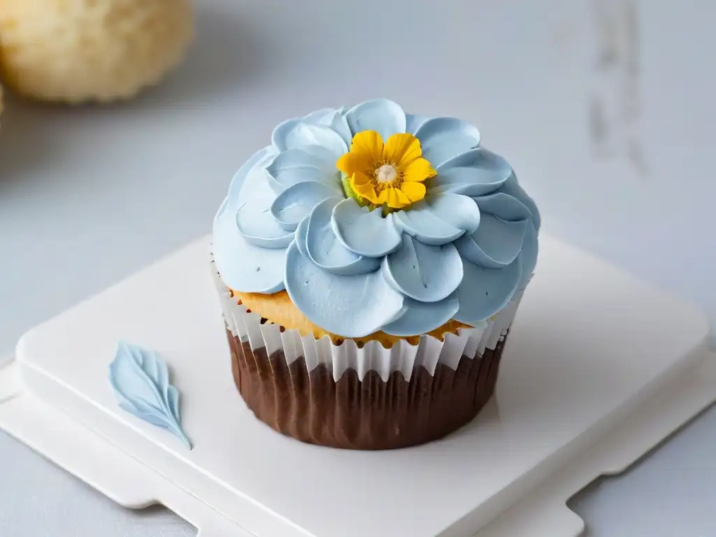 Detalle de un exquisito cupcake sin gluten con decoración floral, perfecto para entrevistas chefs de repostería