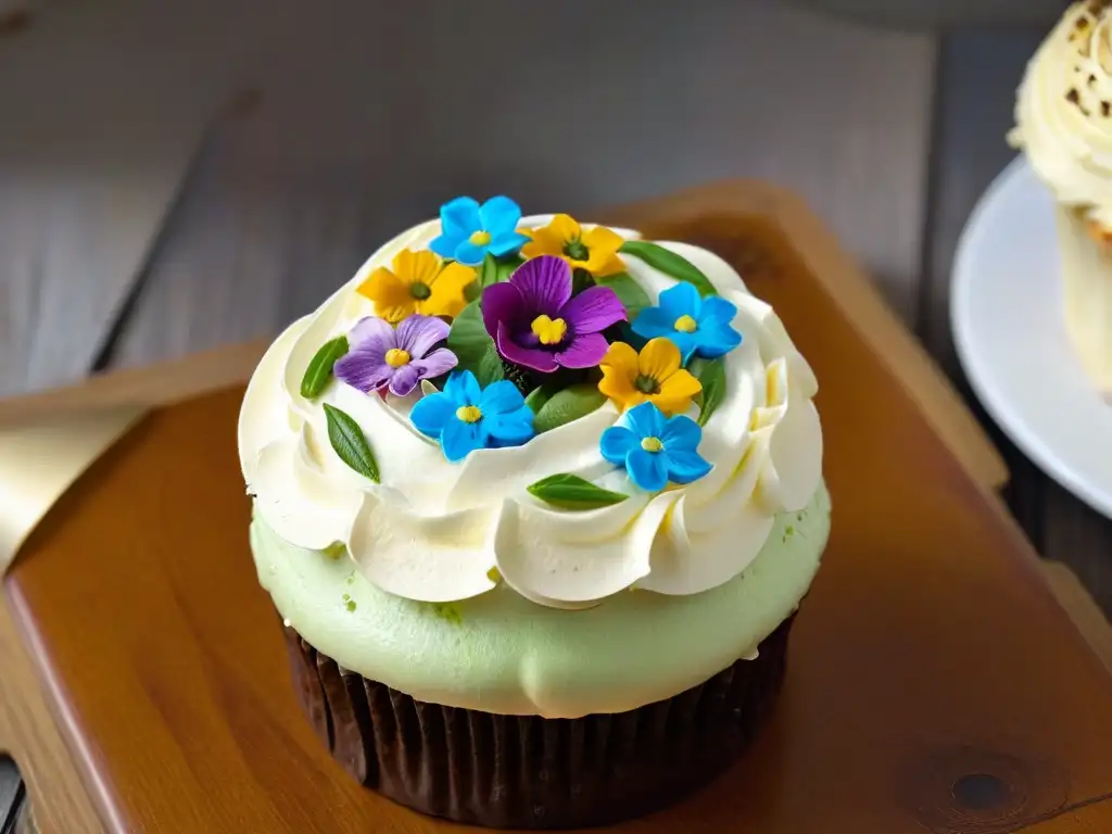 Detalle de exquisito cupcake con flores comestibles en envase reciclado sobre mesa rústica