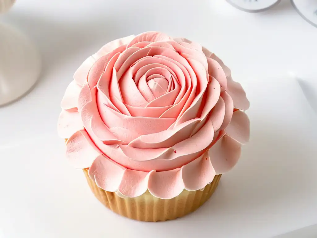 Detalle de un exquisito cupcake de rosa con meticulosos pétalos rosados, ¡aprende cómo hacer cupcakes de rosas!