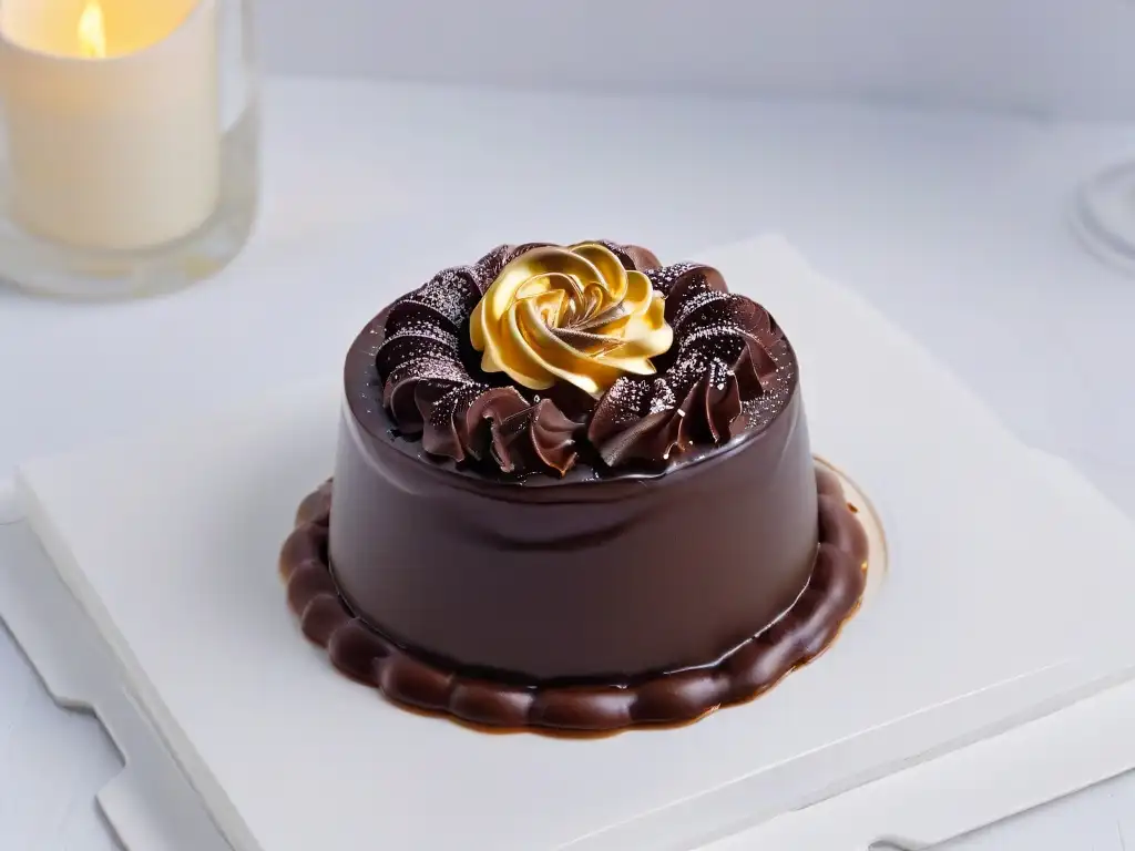 Detalle exquisito de un delicado éclair con ganache de chocolate brillante sobre un plato blanco