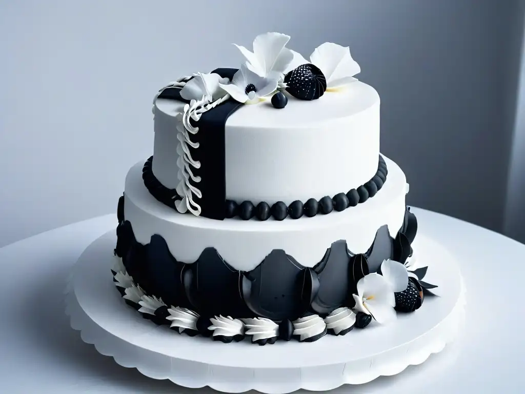 Detalle exquisito en un elegante pastel de fondant en blanco y negro, resaltando las técnicas de texturizado en repostería