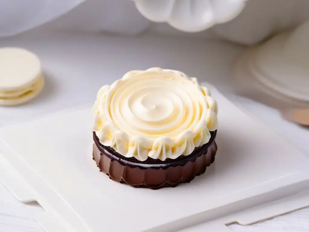 Detalle exquisito de equilibrio de texturas y sabores en repostería: ganache de chocolate sobre macaron simétrico