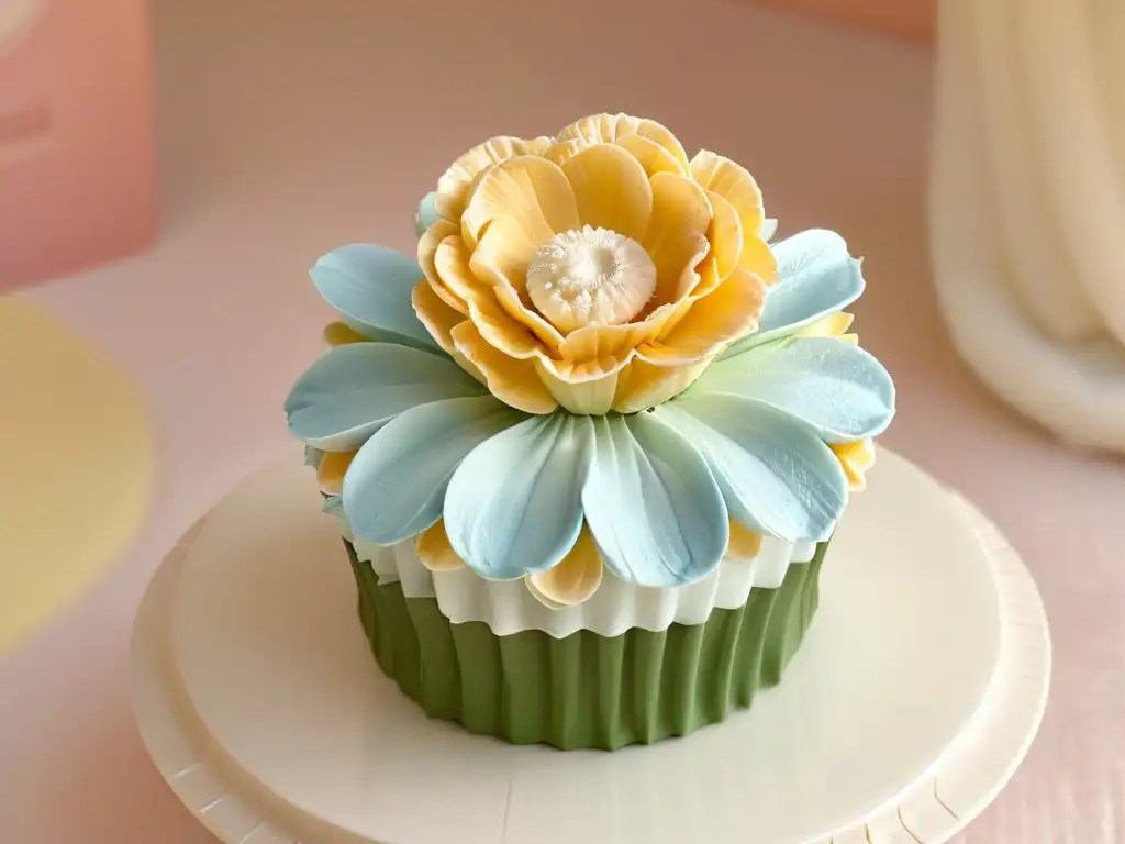 Detalle exquisito de una flor de azúcar en un cupcake, resaltando su belleza artesanal en tonos pasteles