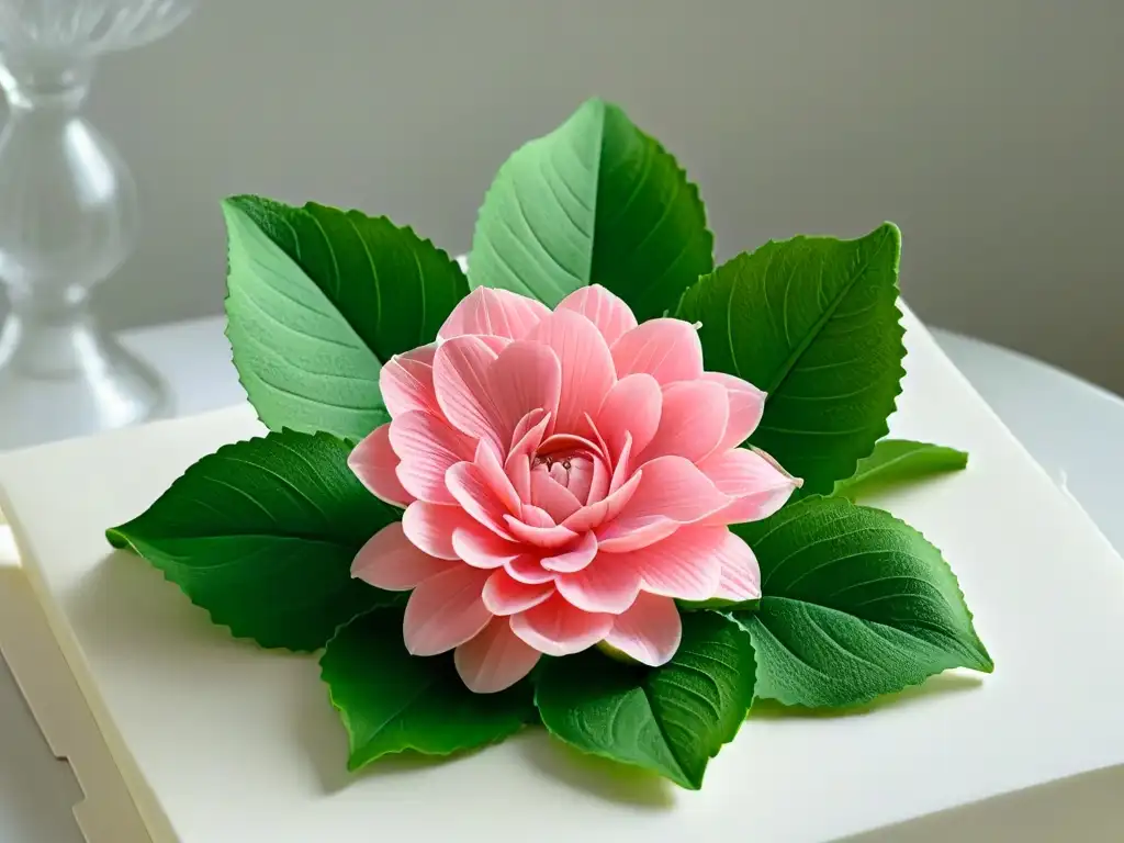 Detalle exquisito de una flor de azúcar con pétalos rosados y hojas verdes, mostrando la elegancia de las decoraciones comestibles para postres