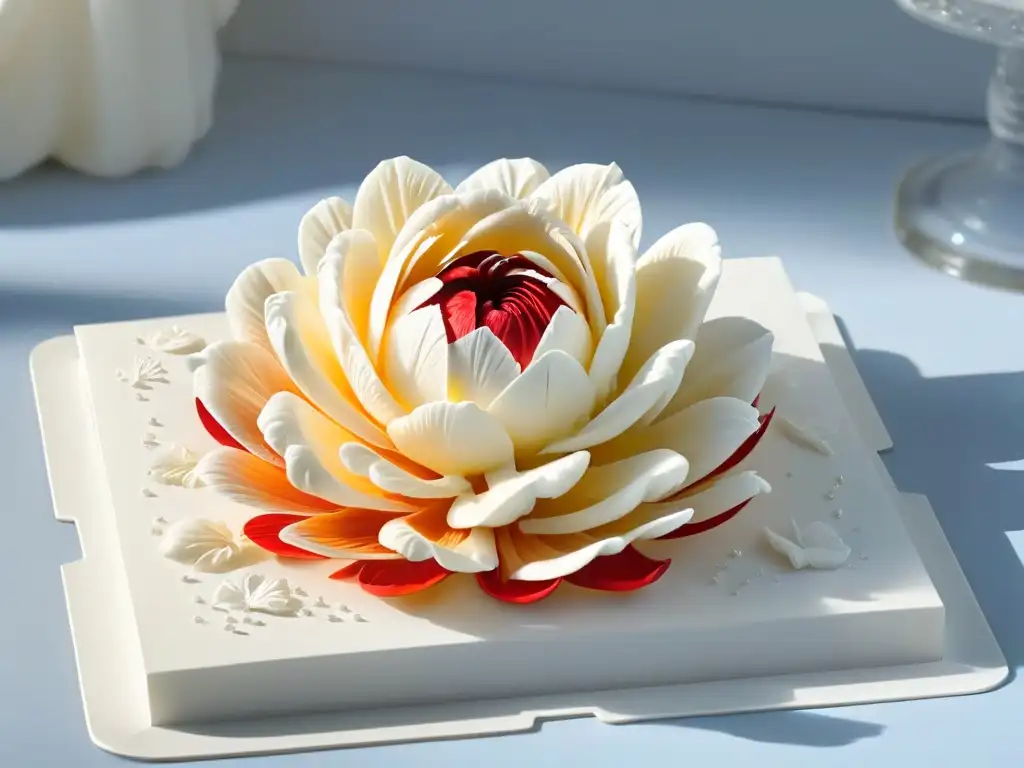 Detalle exquisito de flor de azúcar impresa en 3D, destacando la precisión en la repostería creativa con impresión 3D