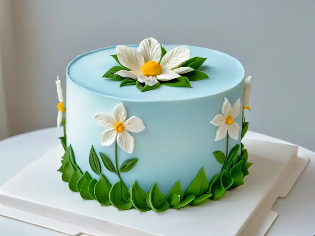 Detalle exquisito de flor de fondant en pastel blanco, obra de arte en repostería