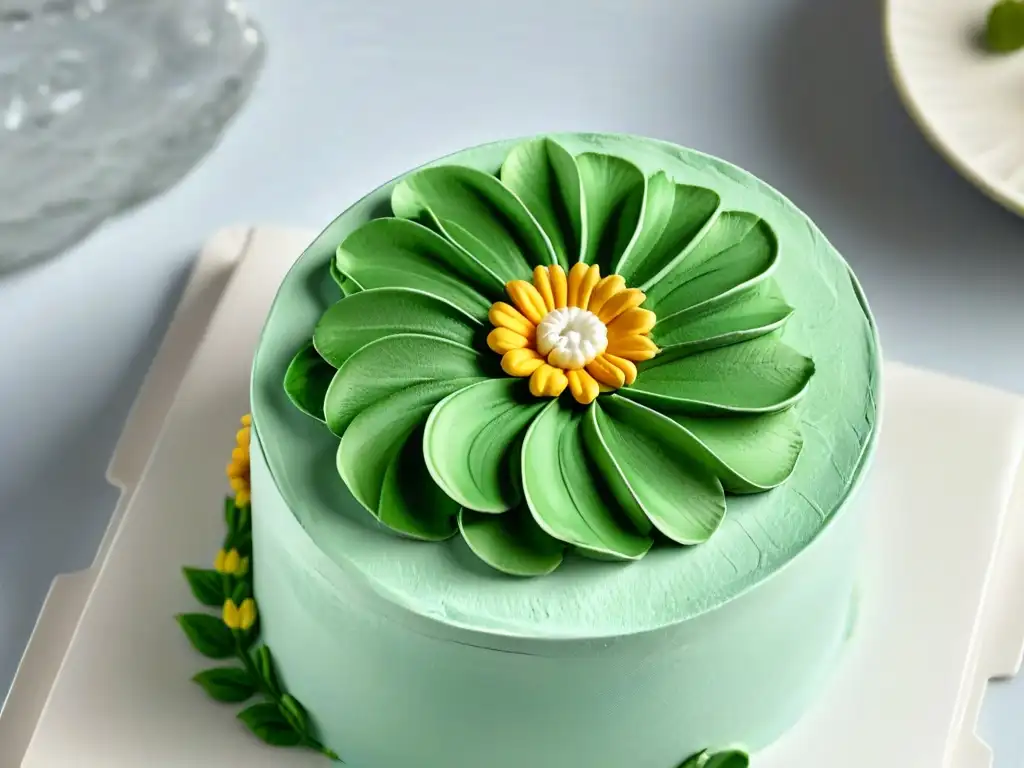 Detalle exquisito de flor de azúcar en pastel fondant