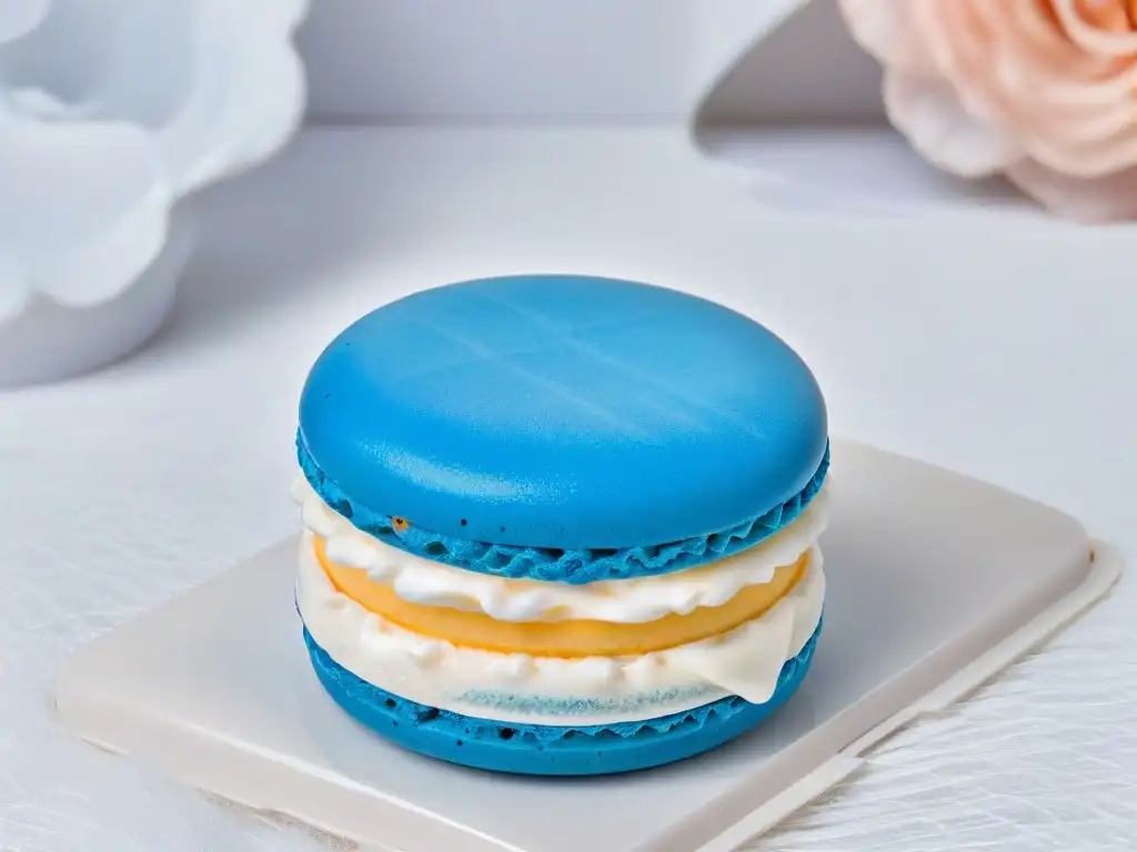 Detalle exquisito de un macaron francés, resaltando su color vibrante y relleno