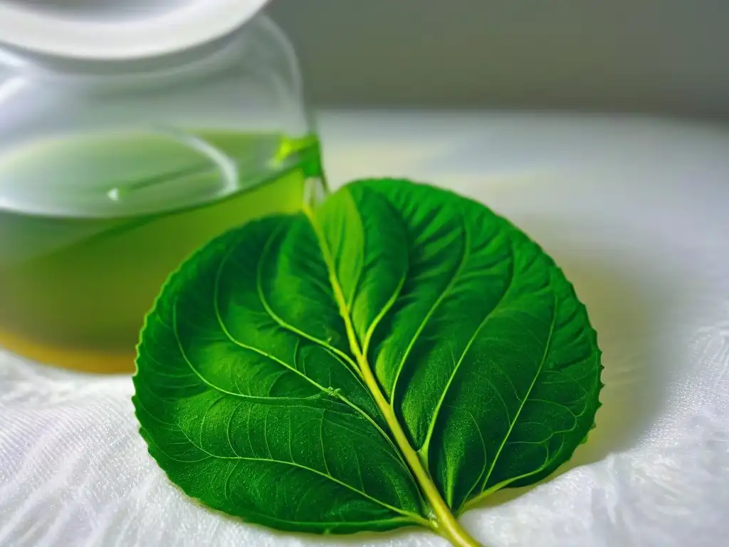 Detalle exquisito de hoja de té verde desplegándose en agua caliente, resaltando sus vibrantes tonos y patrones naturales