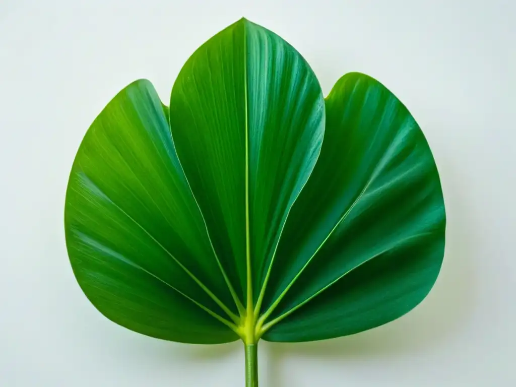 Detalle exquisito de hoja de pandán verde vibrante sobre fondo blanco