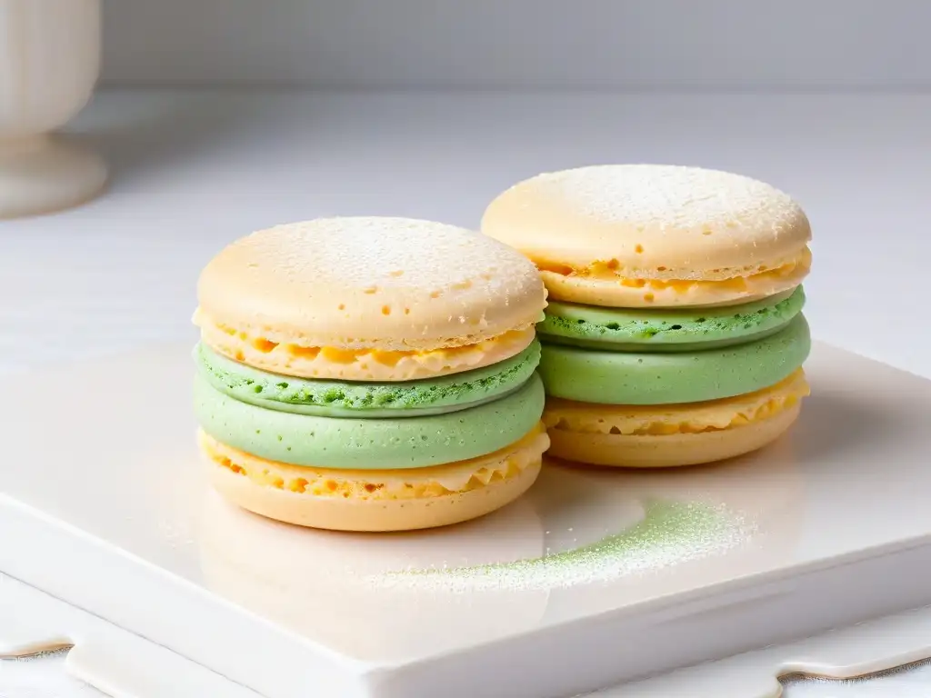 Detalle de un exquisito macaron perfectamente horneado en plato blanco, con sombra sutil y azúcar glass