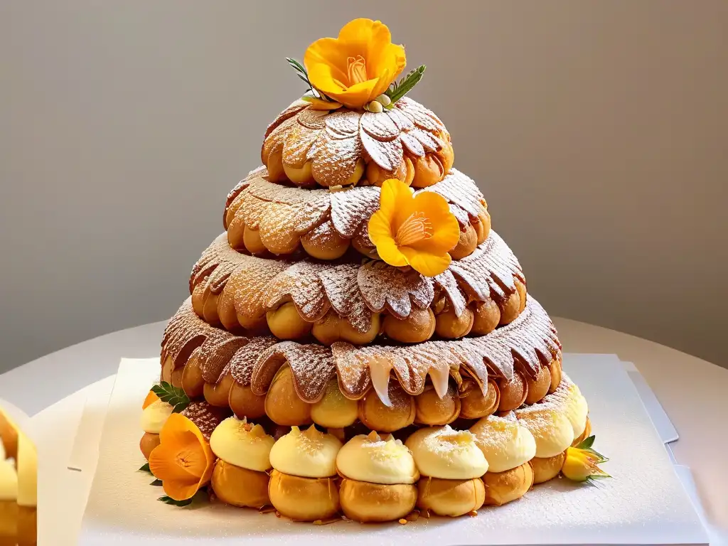 Detalle de un exquisito croquembouche francés, joya de la repostería tradicional del siglo, con decoración elegante y sofisticada