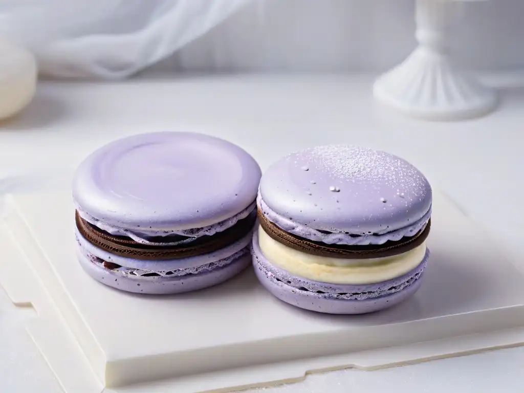 Detalle exquisito de un macaron de lavanda sobre mármol blanco, mostrando su textura perfecta y esencia floral