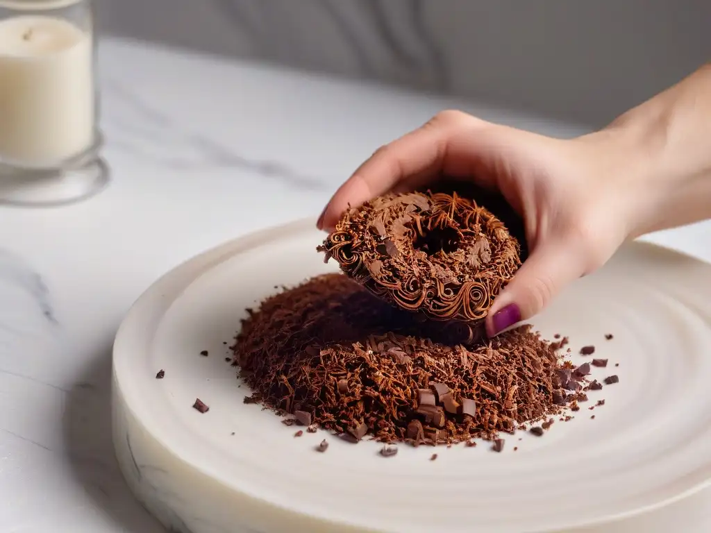 Detalle exquisito de mano sosteniendo rizo de chocolate, con técnicas texturas chocolate repostería en mármol