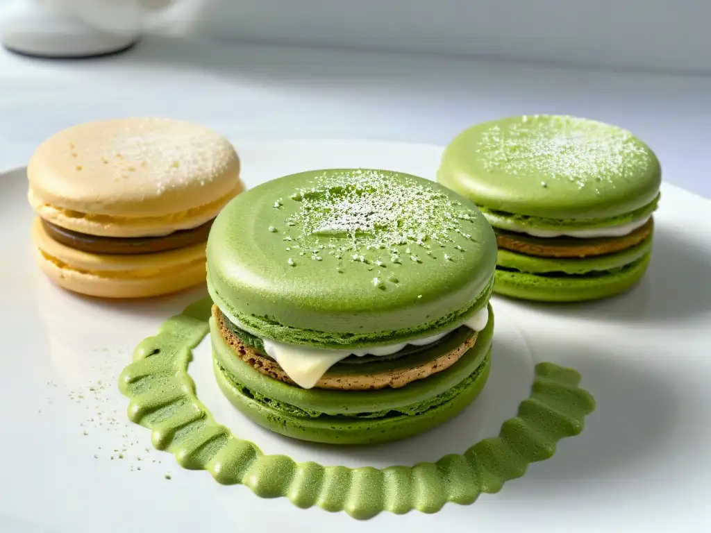 Detalle de exquisito macaron de matcha, con polvo verde y luz natural