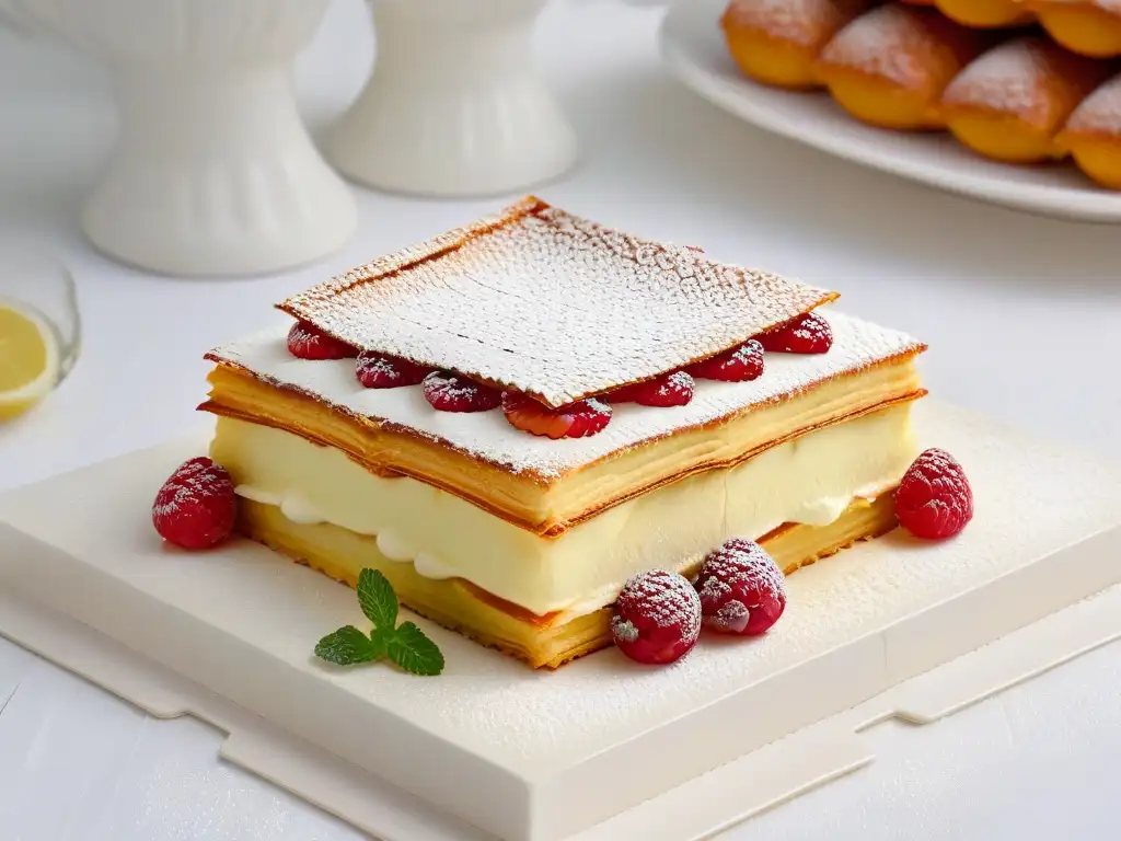 Detalle exquisito de un Millefeuille con crema de vainilla, frambuesas y menta