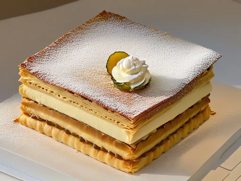 Detalle exquisito de un millefeuille por Sadaharu Aoki: repostería arte paciencia detalle Sadaharu