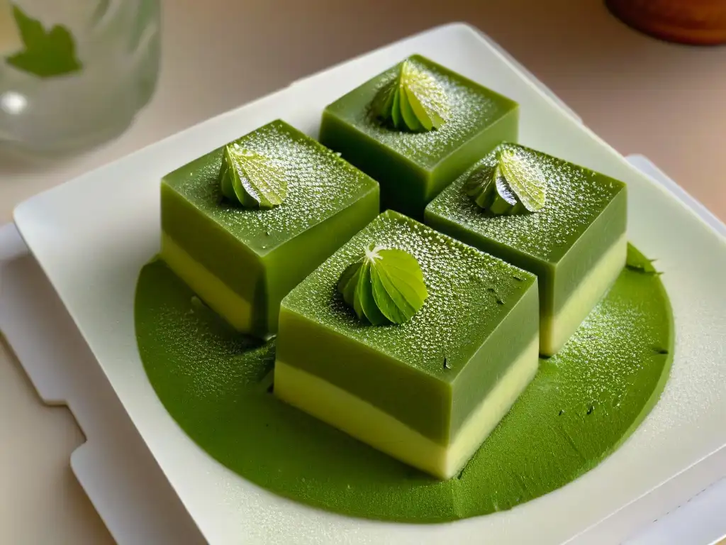 Detalle de un exquisito mochi japonés con matcha, reflejando la meticulosa preparación