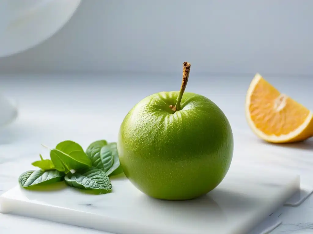 Detalle exquisito de un monje de fruta verde sobre mármol blanco