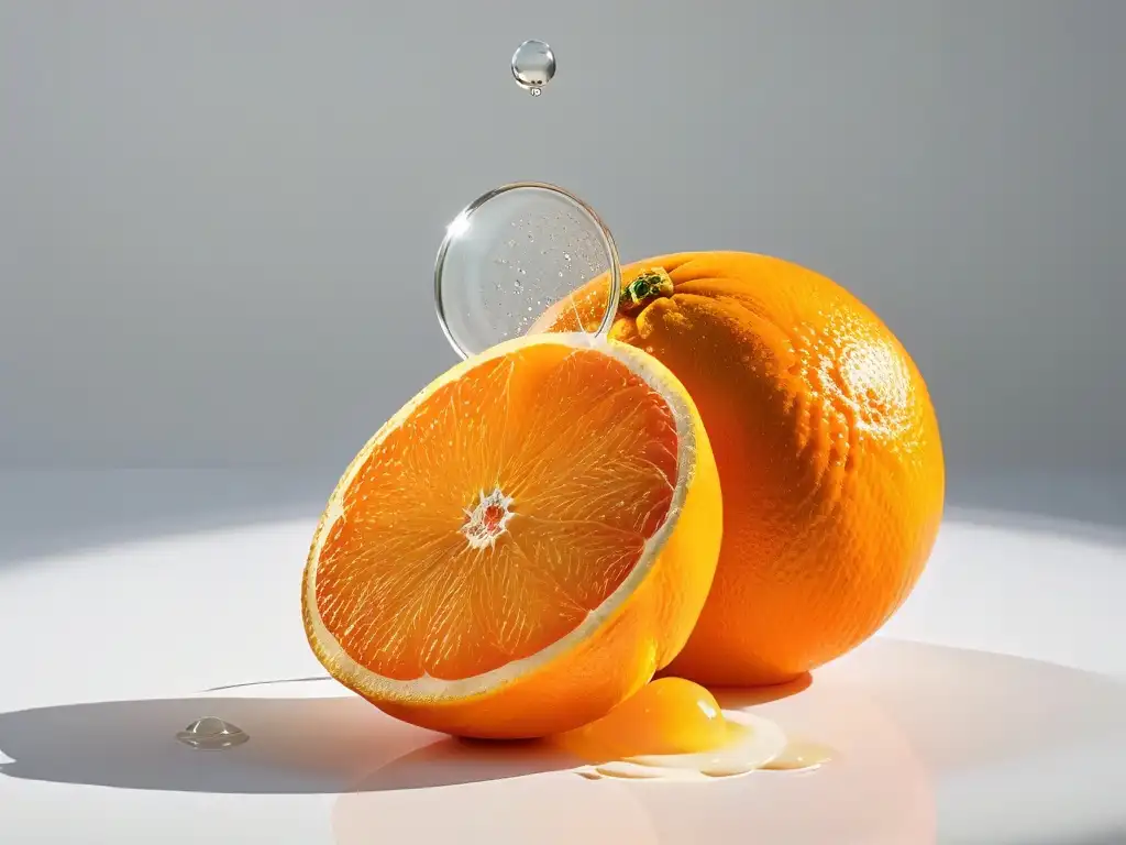 Detalle exquisito de una naranja madura siendo rebanada, mostrando su pulpa jugosa y aceites cítricos