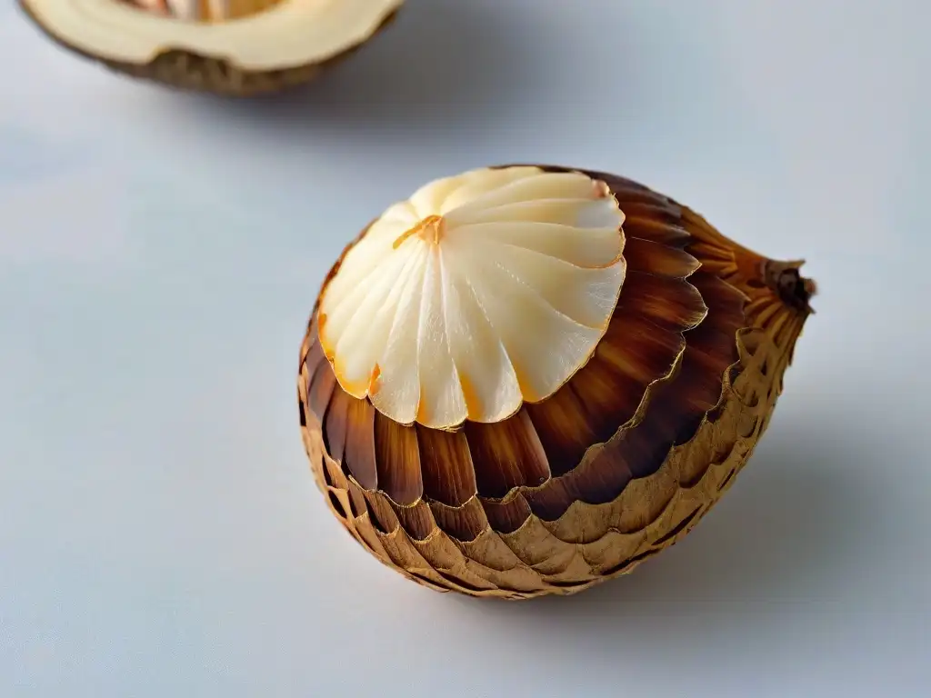 Detalle exquisito de una nuez de macadamia agrietada, resaltando su textura y patrones, ideal para recetas con nueces de macadamia
