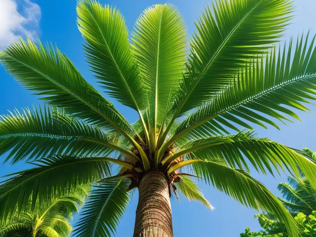 Detalle exquisito de una palmera de coco, reflejando la frescura tropical del azúcar de coco para tipos de azúcares repostería diferenciarte