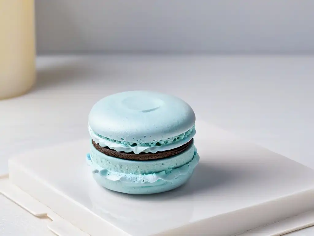 Detalle exquisito de un macaron pastel sobre mármol blanco