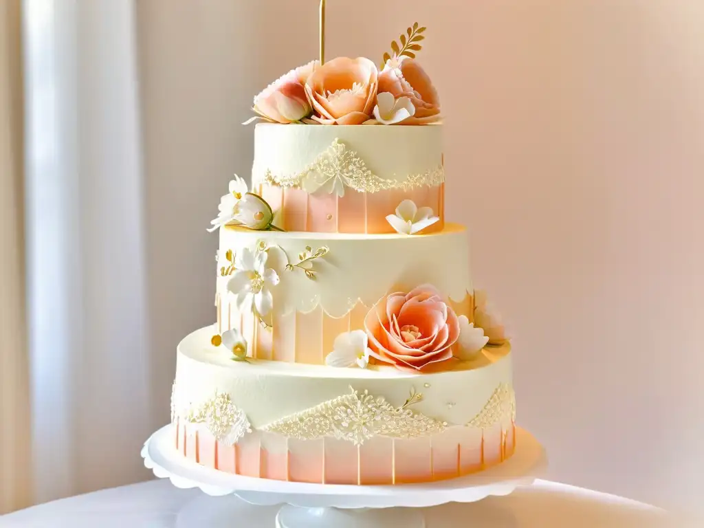 Detalle de exquisito pastel de boda con decoración en tendencia de encaje blanco, flores de azúcar y toques de oro comestible, sobre base moderna