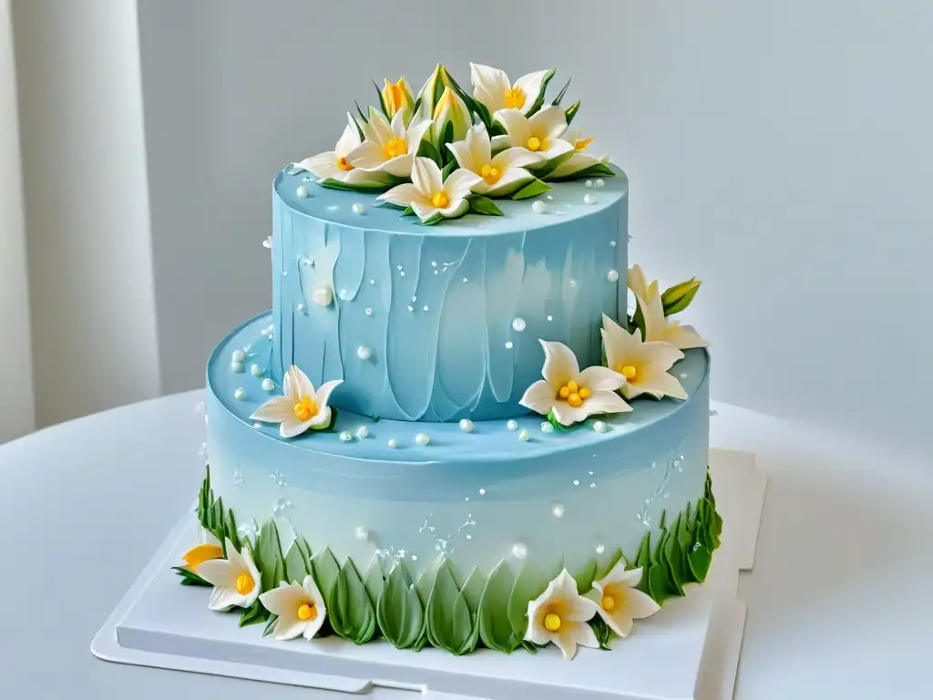 Exquisita tarta de boda decorada con detalle y precisión Detalle exquisito de un pastel de bodas decorado, con flores de azúcar y perlas comestibles