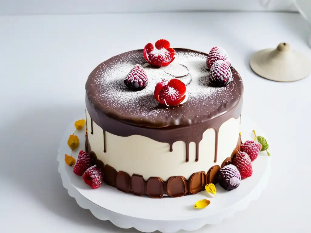 Detalle de exquisito pastel de chocolate con hojuelas doradas, frambuesas y flores comestibles, en fondo blanco