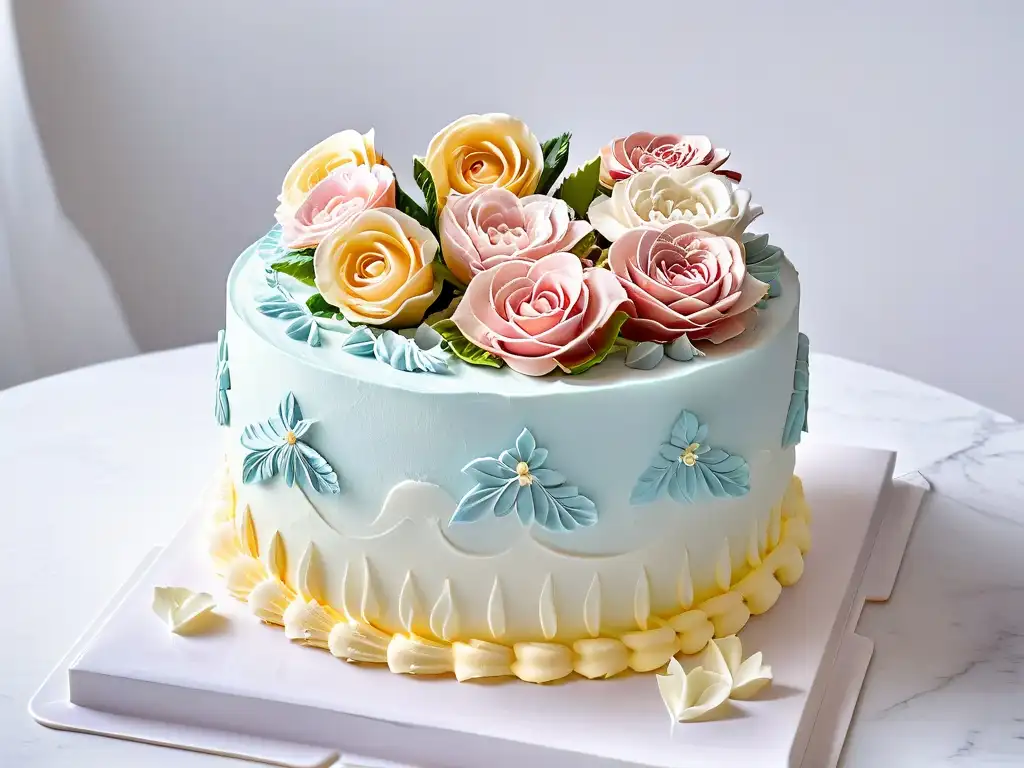 Detalle exquisito de un pastel perfectamente decorado en tonos pasteles sobre un elegante soporte de mármol blanco