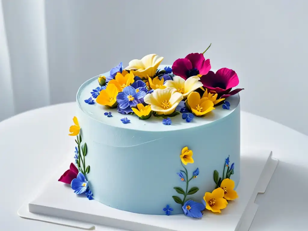 Detalle exquisito de un pastel decorado con flores comestibles, en un fondo blanco