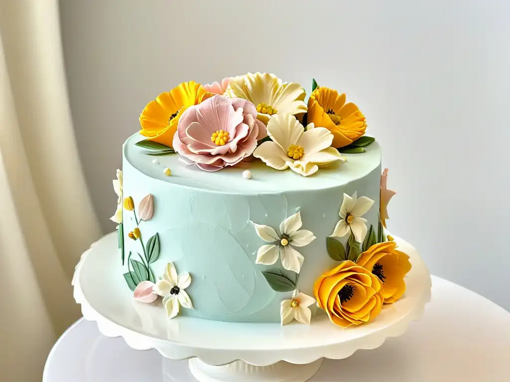 Exquisita decoración floral en pastel sobre elegante pastelera blanca Detalle exquisito de un pastel decorado con flores en tonos pastel, reflejando la tendencia artística en decoración de pasteles