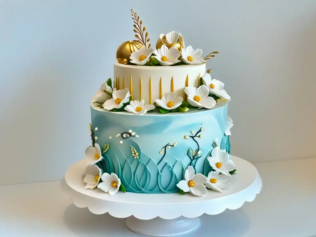 Exquisita decoración de pastel con flores de azúcar y detalles dorados Detalle exquisito de un pastel decorado con arte en tendencia y delicadas flores de azúcar