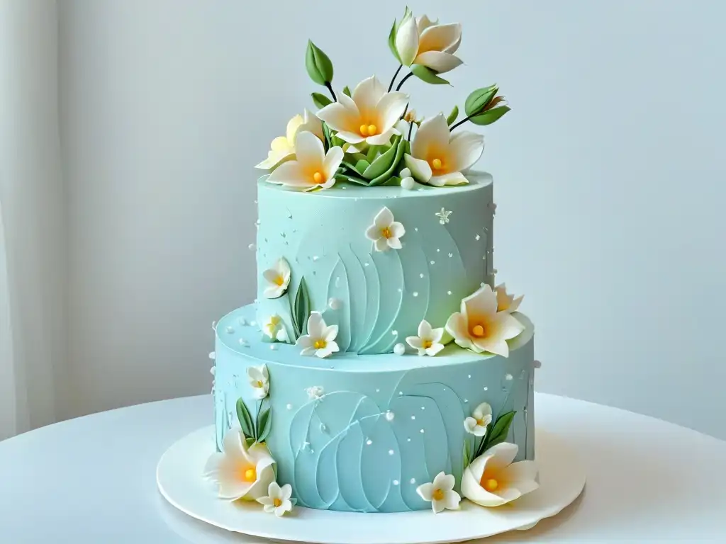Exquisita tarta de tres pisos con detalles florales en colores pastel Detalle exquisito de pastel decorado en tonos pastel con diseño floral meticuloso
