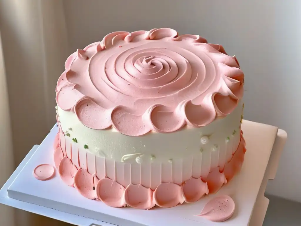 Detalle exquisito de un pastel decorado con precisión por un experto pastelero