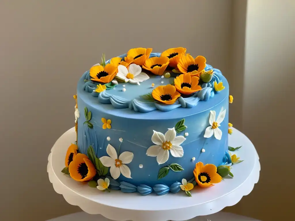 Detalle exquisito de pastel decorado con flores comestibles y diseños de glaseado, en una bandeja blanca