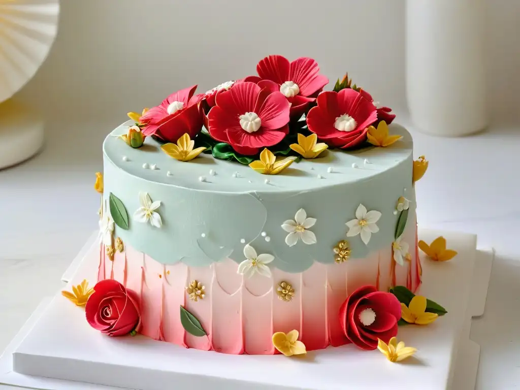 Detalle exquisito de pastel fondant de tres pisos con flores de azúcar en tonos rosados, blancos y dorados