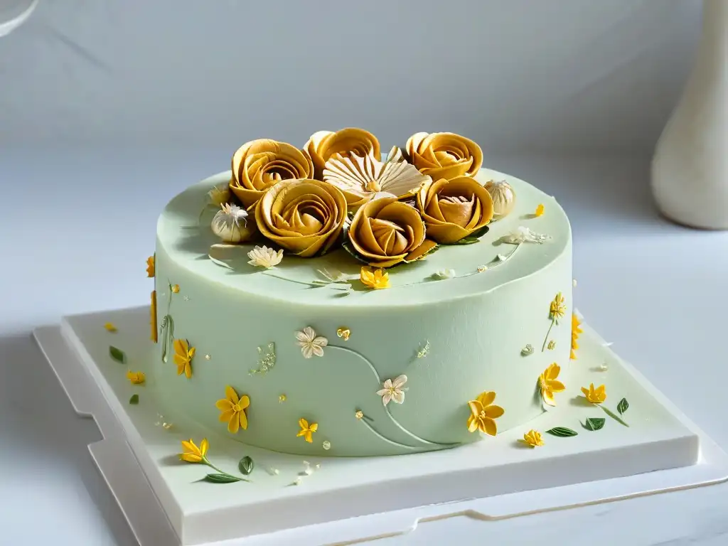 Detalle exquisito de un pastel de múltiples capas con flores de azúcar y decoraciones elegantes en un elegante mostrador de mármol