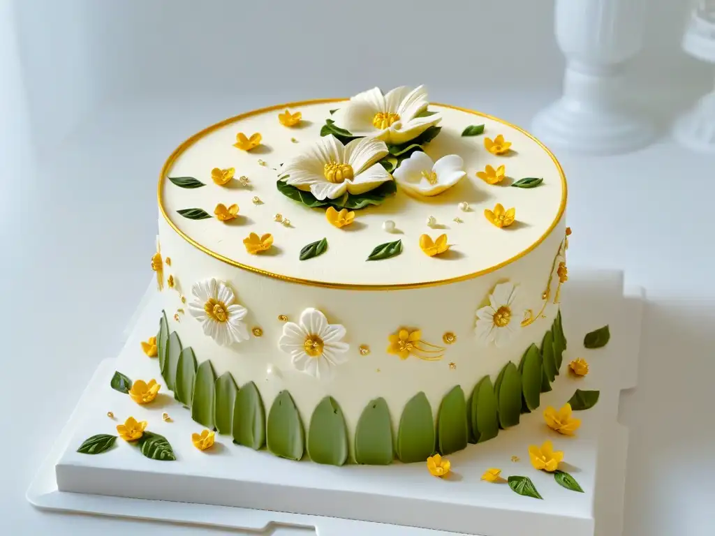 Detalle exquisito de pastelería decorada con flores de azúcar y hojas de oro, destacando la precisión y arte de la repostería