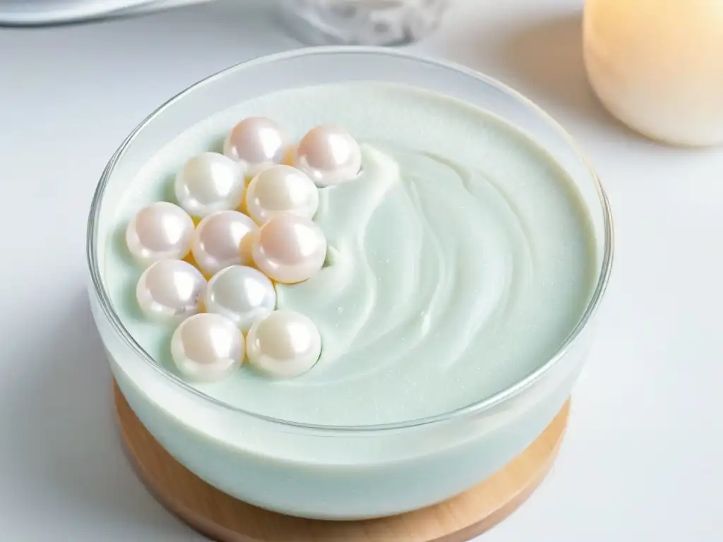 Detalle exquisito de una perla de tapioca sumergiéndose en leche de coco, incorporación de ingredientes asiáticos en postres