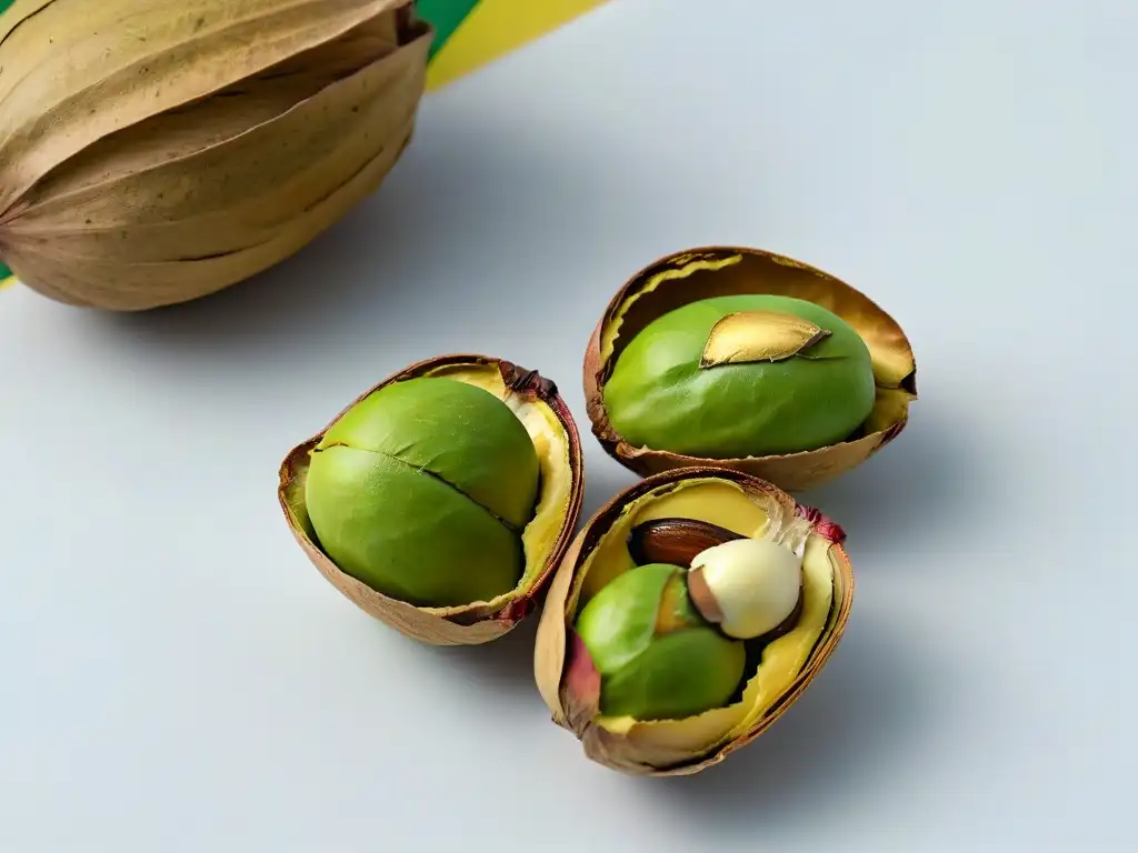 Detalle exquisito de un pistacho iraní verde vibrante con cáscara abierta, revelando el dorado interior