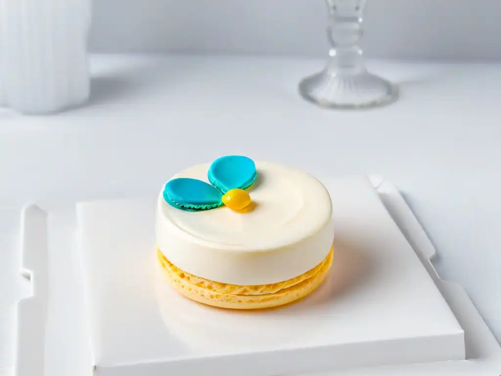 Detalles exquisitos de un macaron artístico y vibrante Detalle exquisito de un macaron en plato blanco, fusionando repostería tradicional y digital