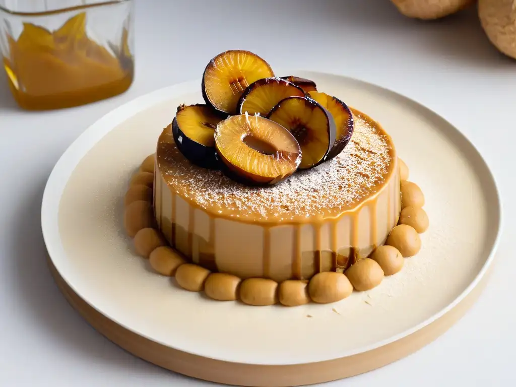 Detalle exquisito del postre Kanyah: capas de plátano frito, salsa de maní y coco tostado