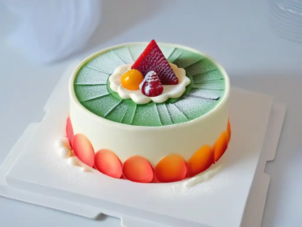 Detalle exquisito de postre impreso en 3D con patrones geométricos y colores vibrantes en un elegante plato moderno