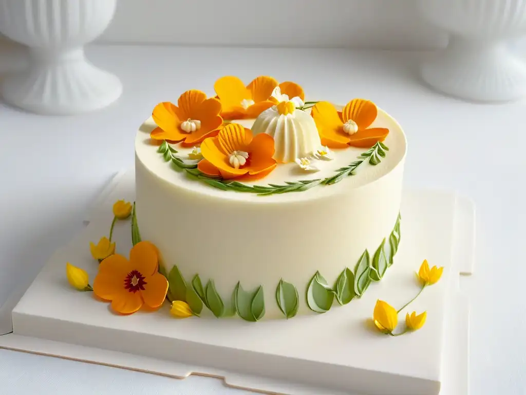 Detalle exquisito de postre impreso en 3D con encaje de azúcar, crema y flores comestibles sobre un plato moderno