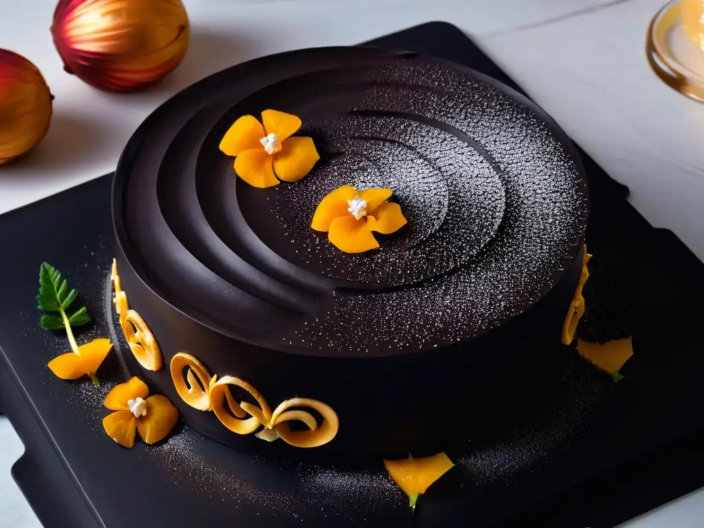 Detalle exquisito de postre de lujo artesanal con personalización en elegante plato negro